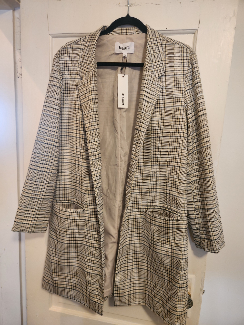 BB Dakota Cream and Black Plaid Long Blazer